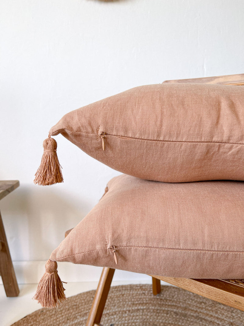 Tan Linen Throw Pillow Cover with Tassels