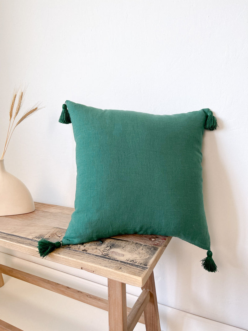 Dark Green Linen Throw Pillow Cover with Tassels