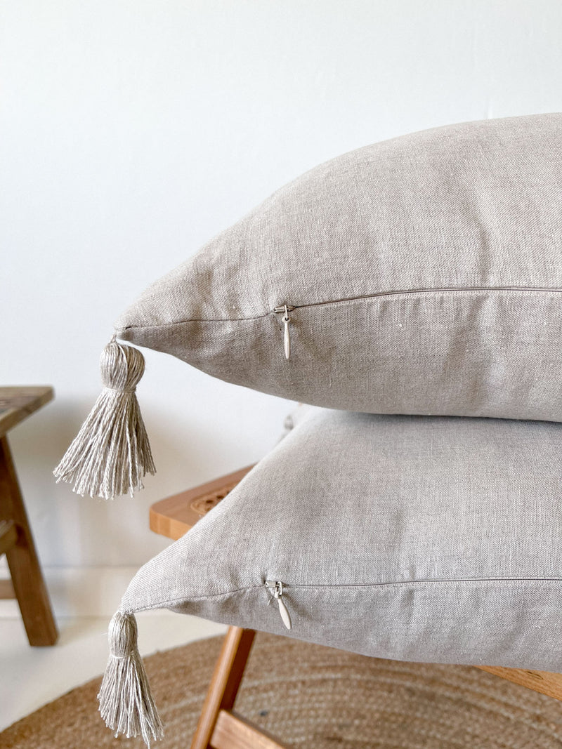 Beige Linen Throw Pillow Cover with Tassels