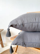 Dark Gray Linen Throw Pillow Cover with Tassels