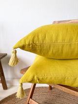 Yellow Linen Throw Pillow Cover with Tassels
