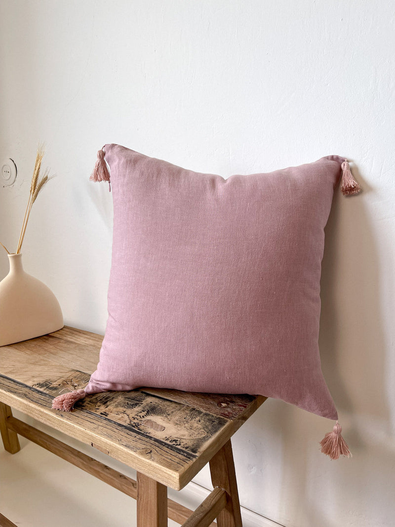 Light Pink Linen Throw Pillow Cover with Tassels