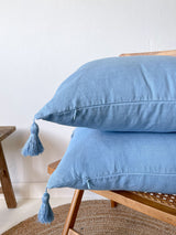 Light Blue Linen Throw Pillow Cover with Tassels