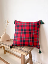 Red Tartan Linen Throw Pillow Cover with Tassels