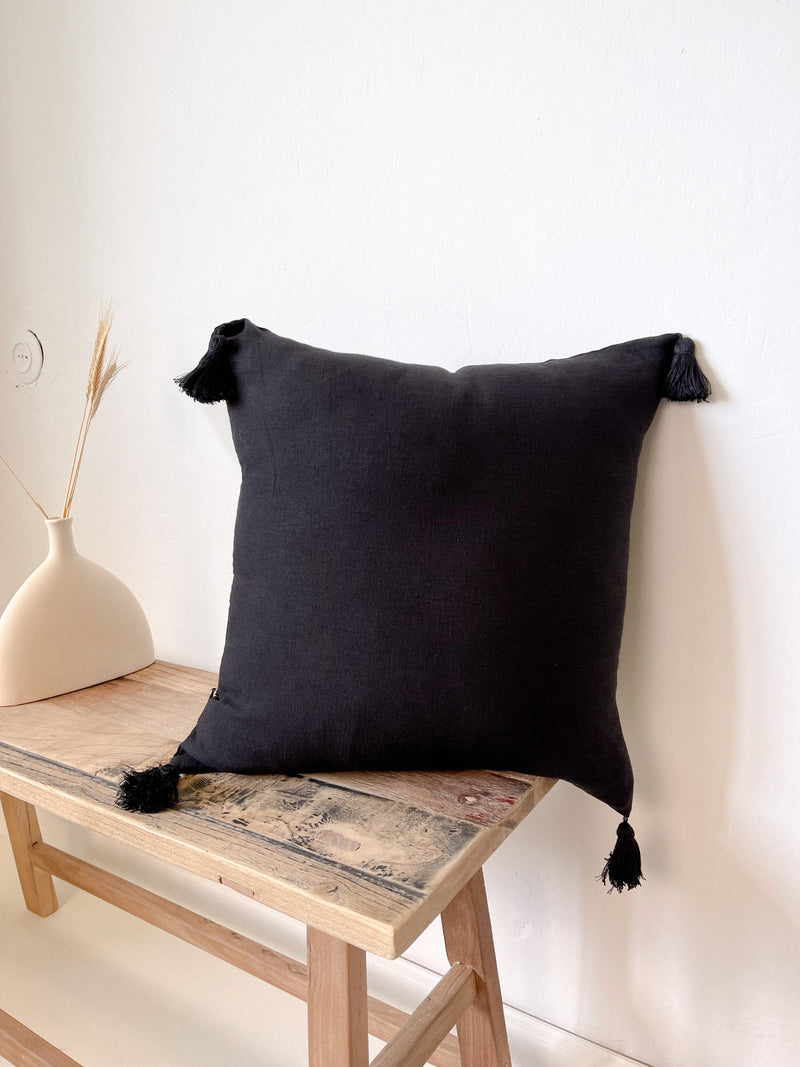 Black Linen Throw Pillow Cover with Tassels