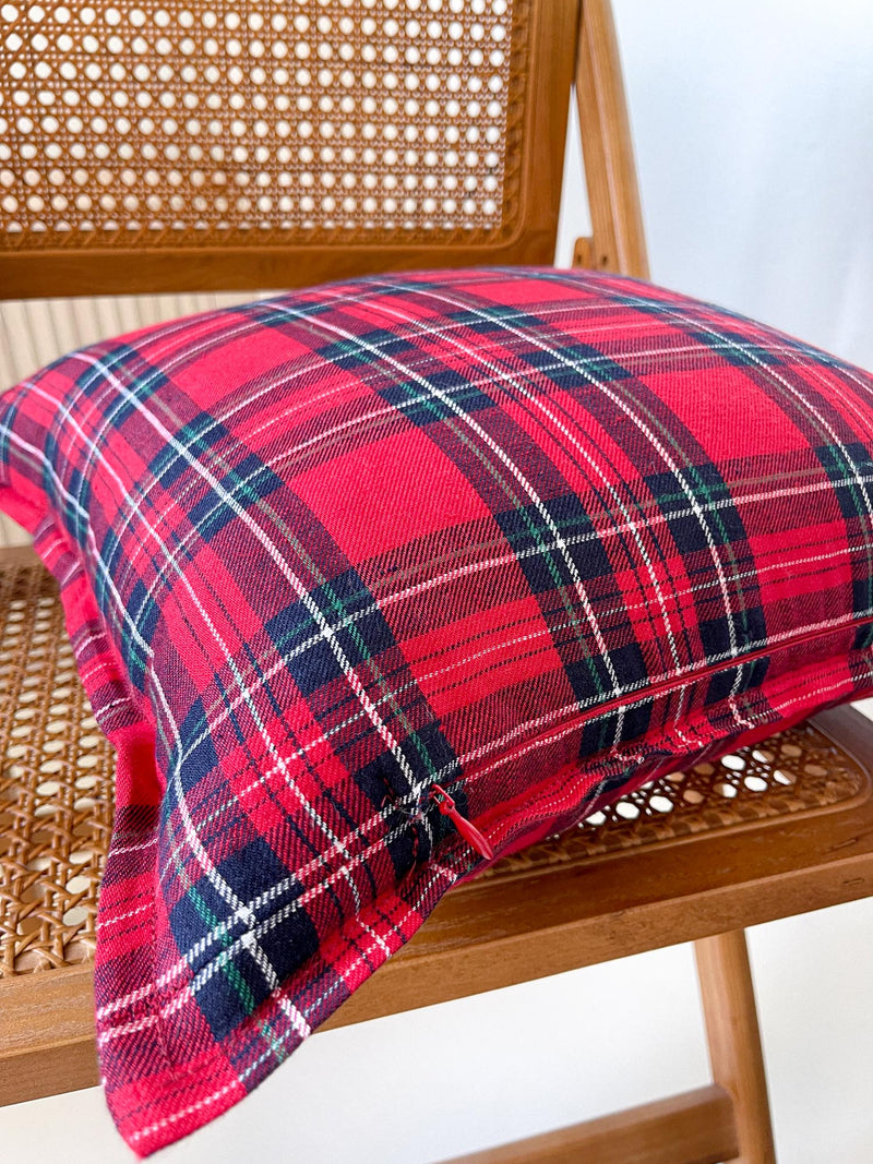 Red Tartan Linen Throw Pillow Cover with Edging