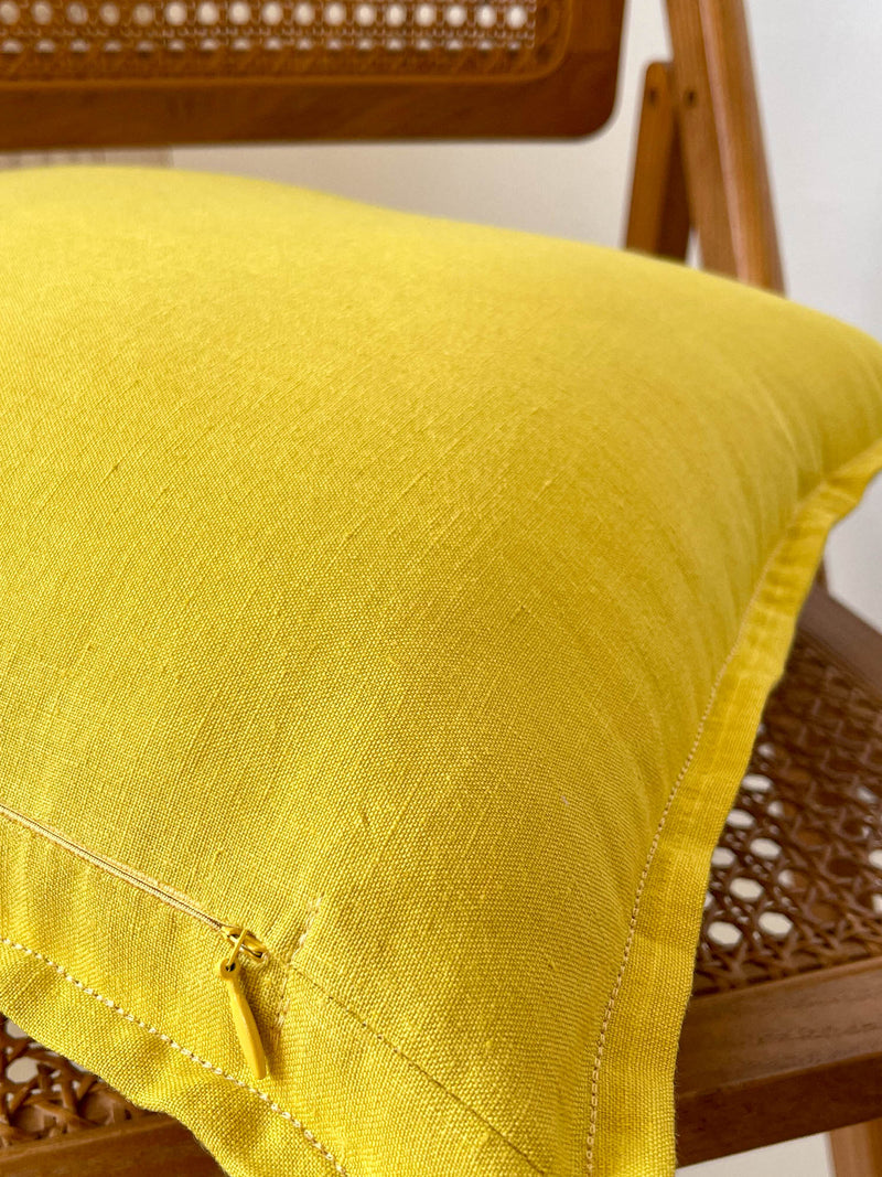 Yellow Linen Throw Pillow Cover with Edging