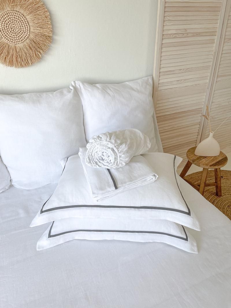 White Linen Sheet set with Pillow Shams and Dark Grey Trim
