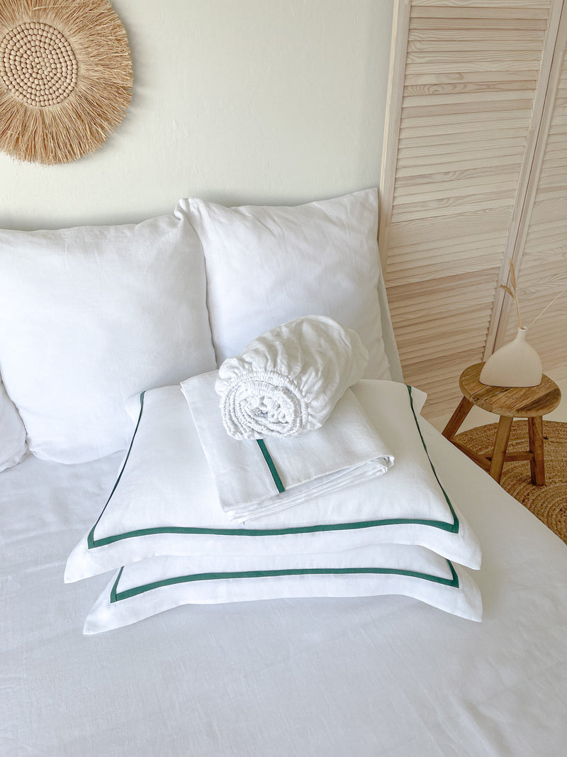 White Linen Sheet set with Border Pillowcases and Dark Green Trim