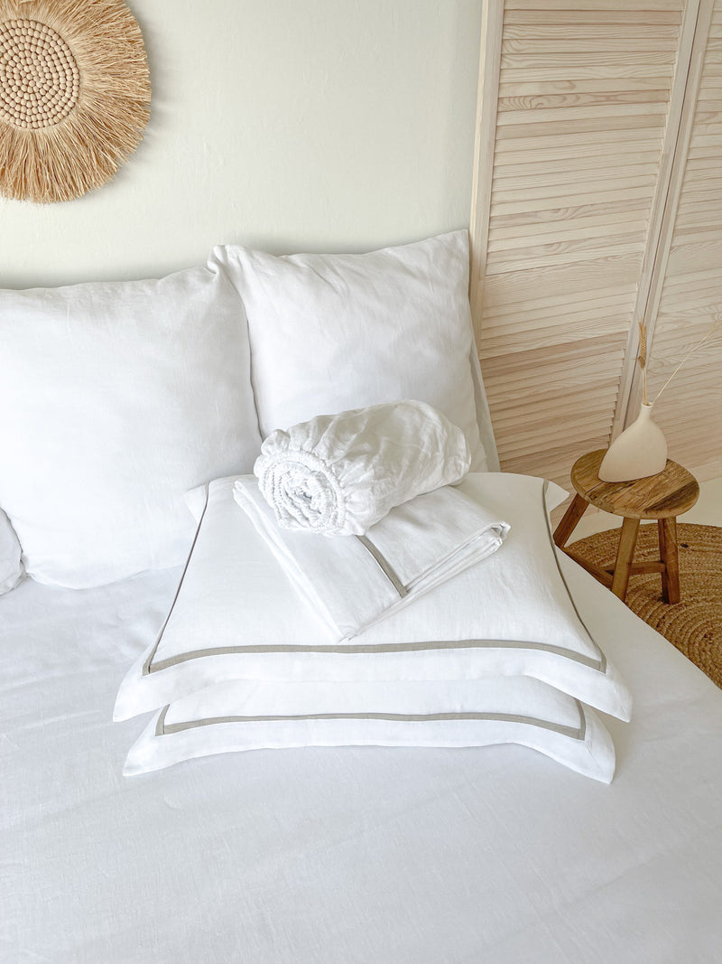 White Linen Sheet set with Border Pillowcases and Beige Trim
