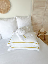 White Linen Sheet set with Pillow Shams and Yellow Trim