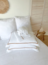 White Linen Sheet set with Pillow Shams and Tan Trim