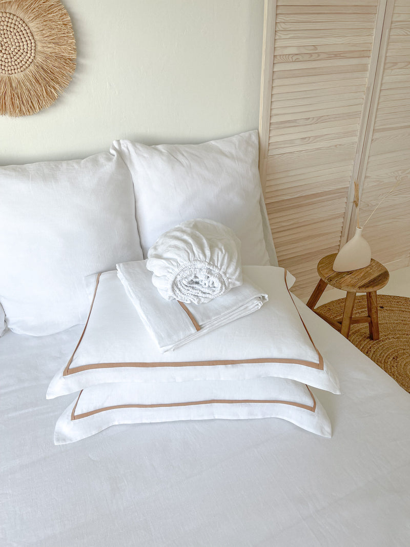 White Linen Sheet set with Oxford Style Pillowcases and Tan Trim