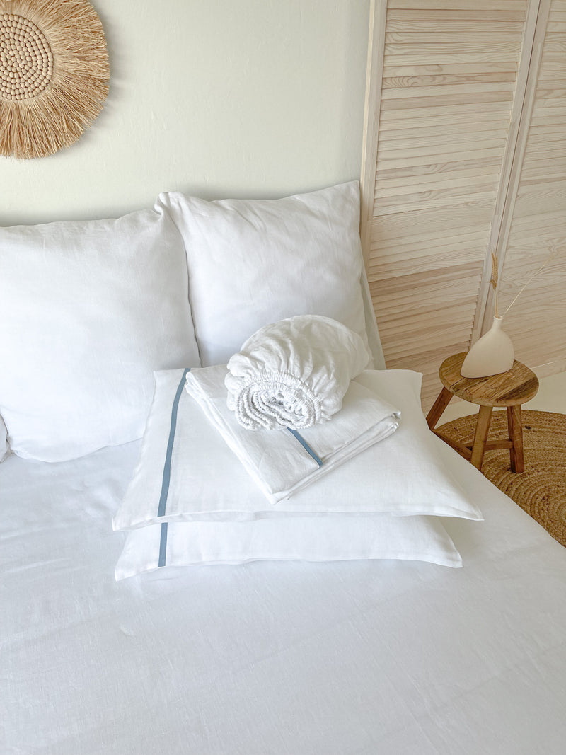 White Linen Sheet set with Light Blue Trim