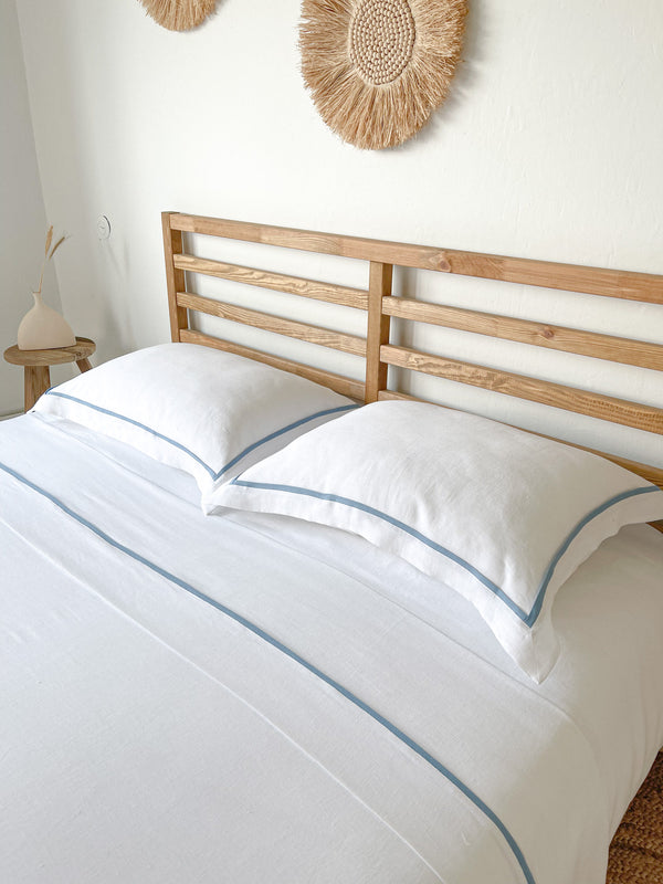White Linen Sheet set with Oxford Style Pillowcases and Light Blue Trim