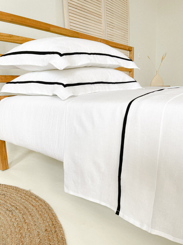 White Linen Sheet set with Pillow Shams and Black Trim