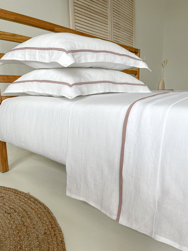 White Linen Sheet set with Pillow Shams and Light Pink Trim
