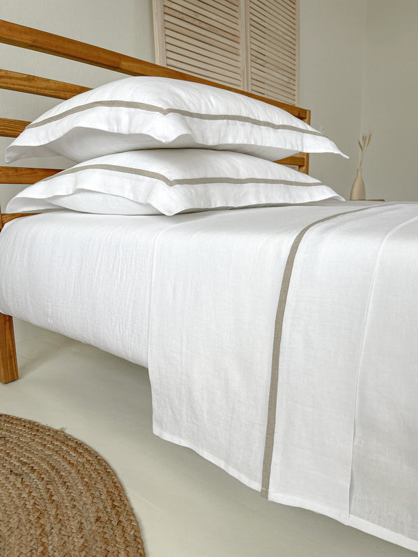 White Linen Sheet set with Oxford Style Pillowcases and Beige Trim