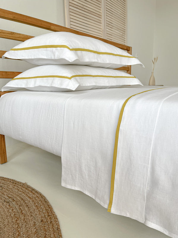 White Linen Sheet set with Pillow Shams and Yellow Trim