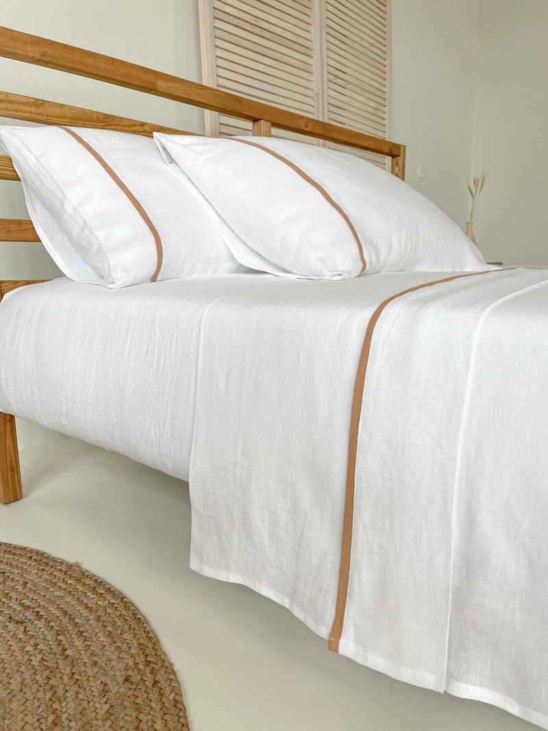 White Linen Sheet set with Tan Trim