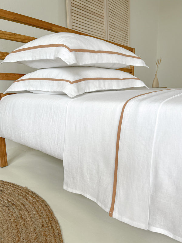 White Linen Sheet set with Pillow Shams and Tan Trim
