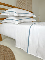 White Linen Sheet set with Pillow Shams and Light Blue Trim