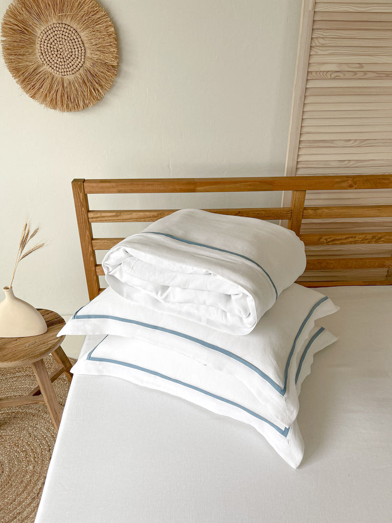 White Linen Duvet Cover Set with Border Pillowcases and Light Blue Trim