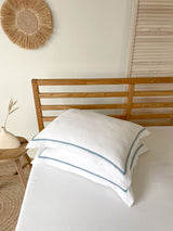 White Oxford Style Linen Pillowcase with Light Blue Trim