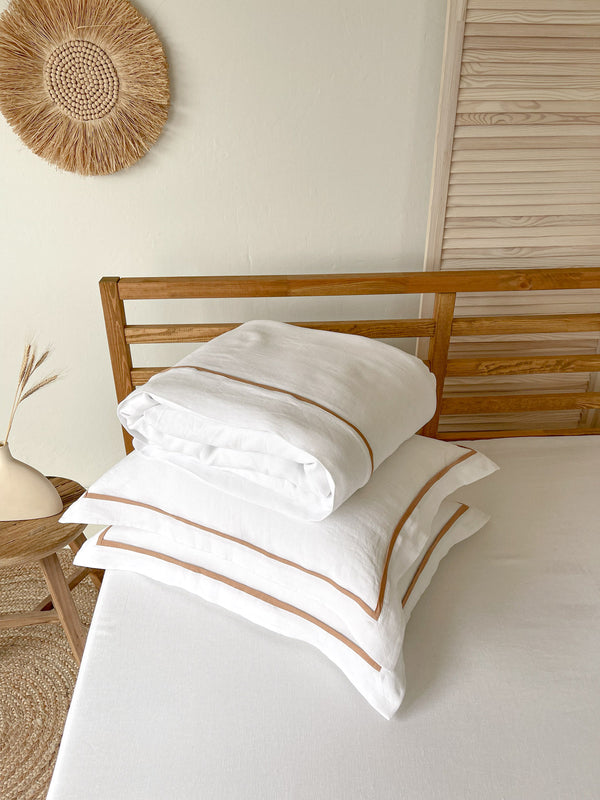 White Linen Duvet Cover Set with Border Pillowcases and Tan Trim