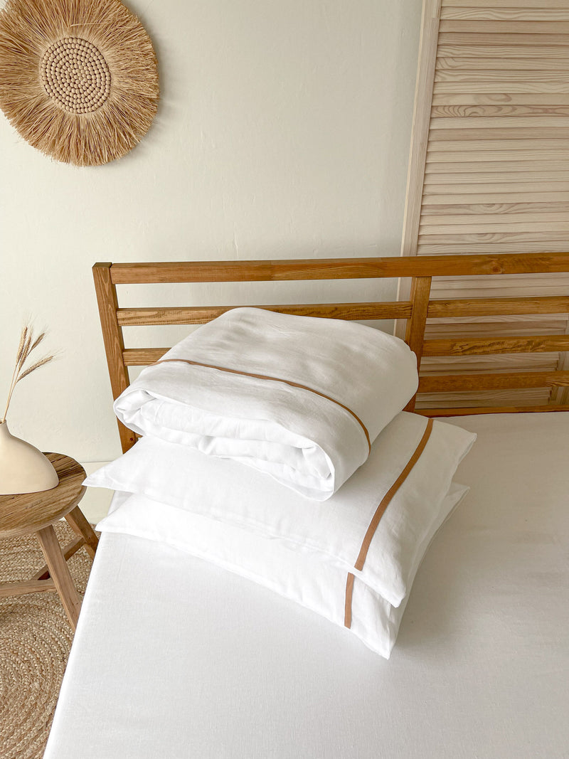 White Linen Duvet Cover set with Border and Tan Trim