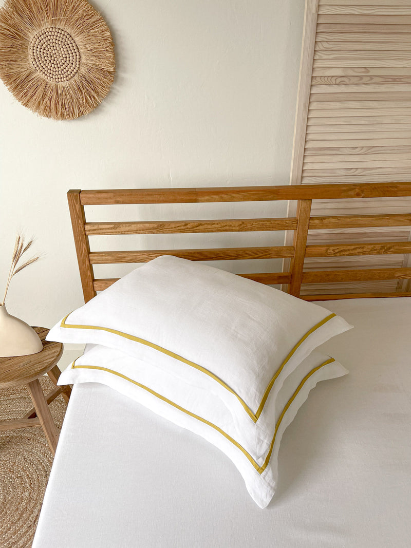 White Oxford Style Linen Pillowcase with Yellow Trim