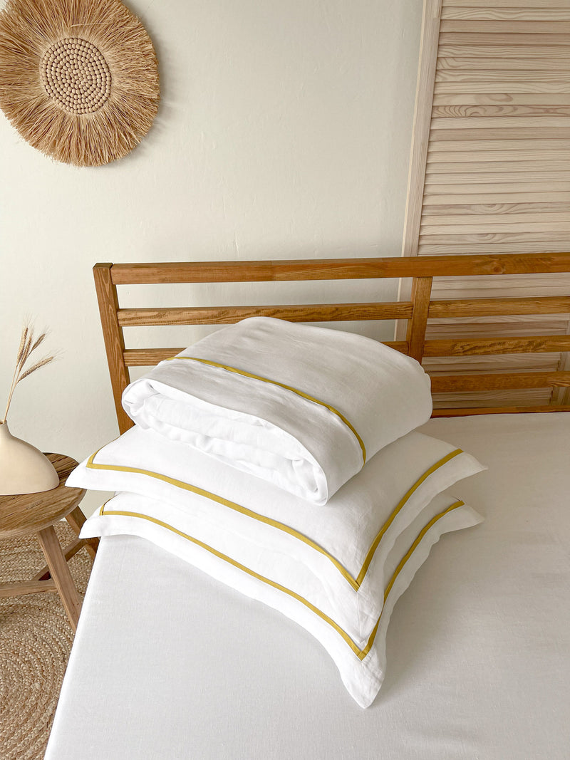 White Linen Duvet Cover Set with Border Pillowcases and Yellow Trim