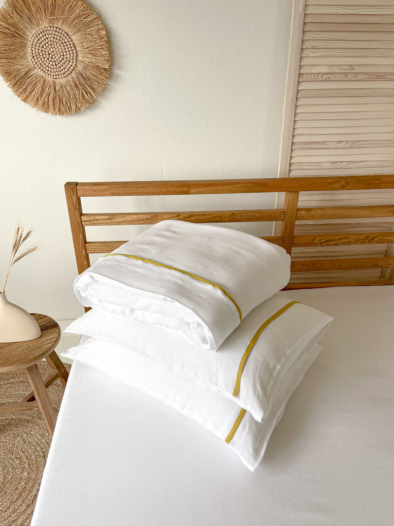 White Linen Duvet Cover Set with Border and Yellow Trim