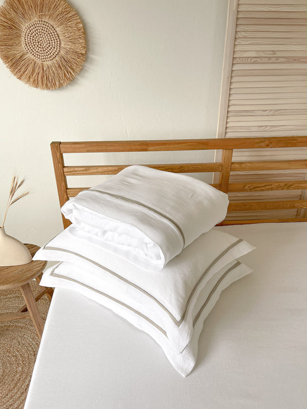 White Linen Quilt Cover set with Sham and Beige Trim