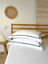 White Oxford Style Linen Pillowcase with Dark Green Trim