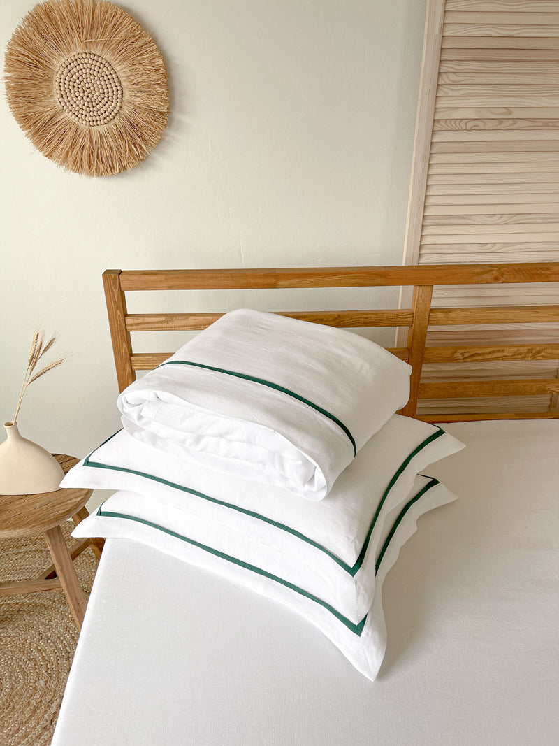 White Linen Quilt Cover set with Sham and Dark Green Trim