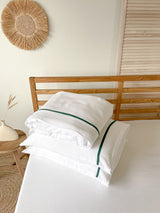 White Linen Duvet Cover set with Border and Dark Green Trim