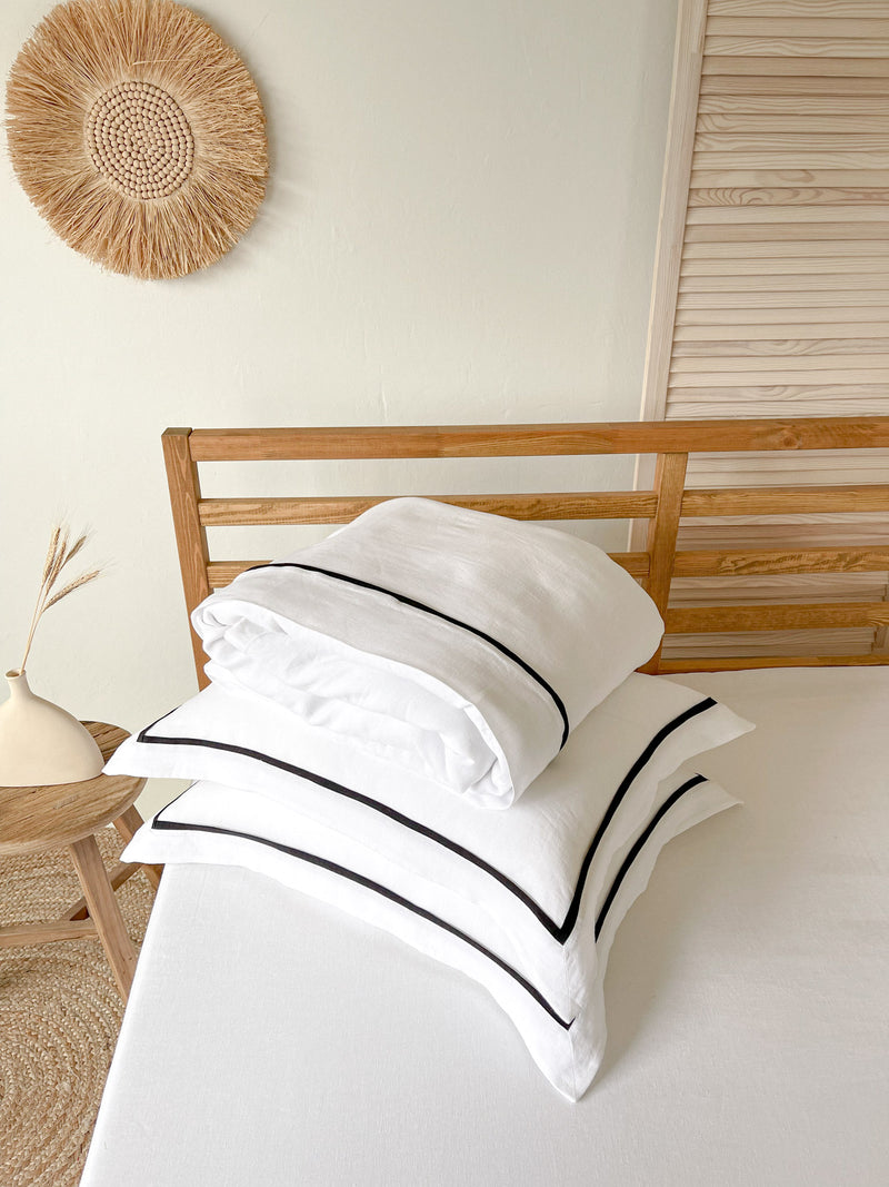 White Linen Duvet Cover Set with Border Pillowcases and Black Trim