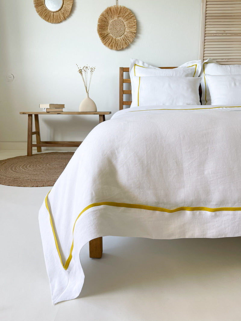 White Linen Quilt Cover with Border and Yellow Trim