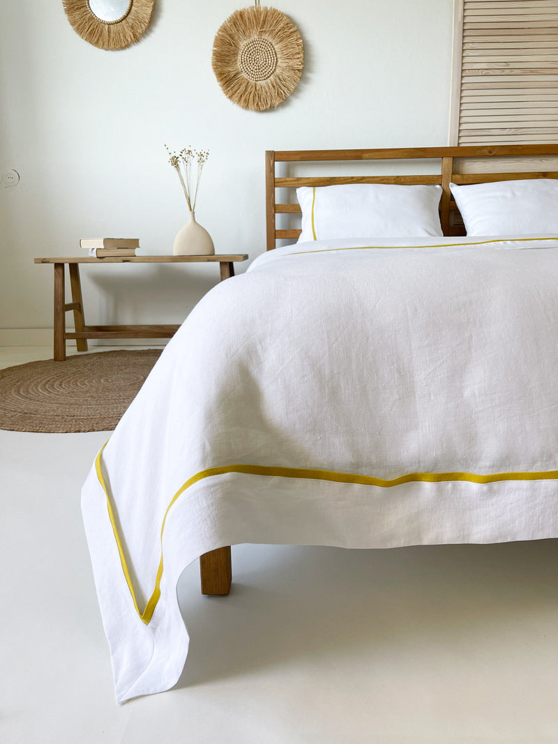 White Linen Duvet Cover set with Border and Yellow Trim