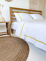 White Linen Duvet Cover Set with Border and Yellow Trim