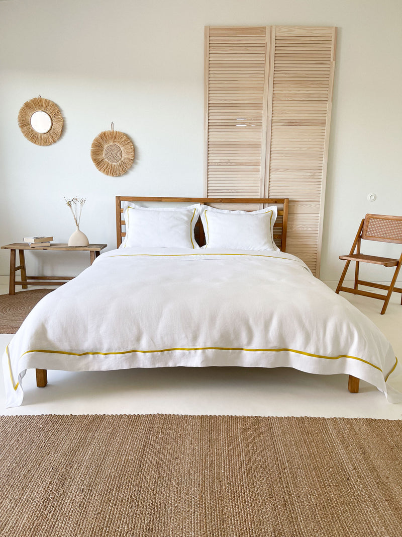 White Linen Duvet Cover set with Sham and Yellow Trim