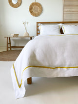 White Linen Duvet Cover Set with Border Pillowcases and Yellow Trim