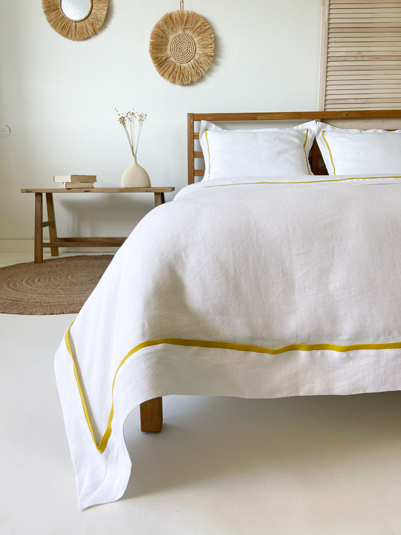 White Linen Duvet Cover set with Oxford Style Pillowcases and Yellow Trim