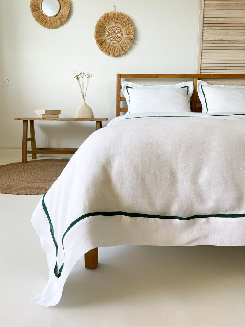 White Linen Duvet Cover set with Oxford Style Pillowcases and Dark Green Trim