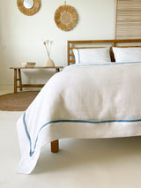 White Linen Duvet Cover Set with Light Blue Trim