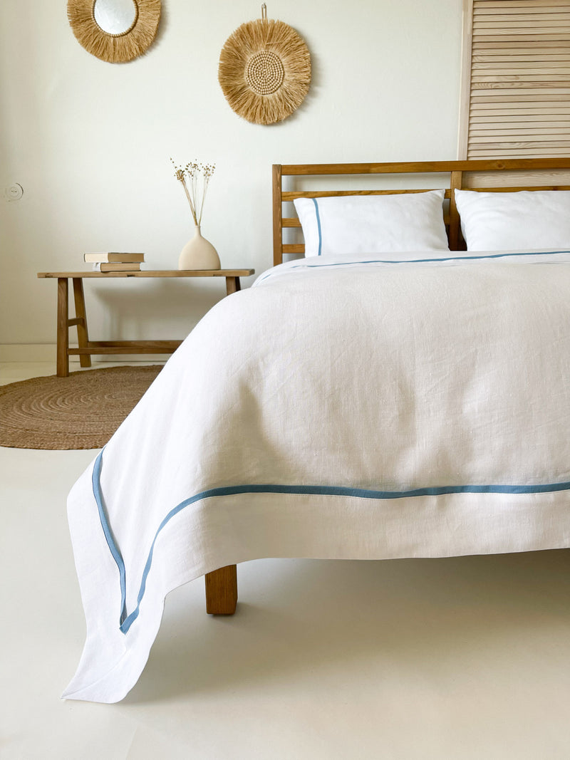 White Linen Quilt Cover set with Border and Light Blue Trim