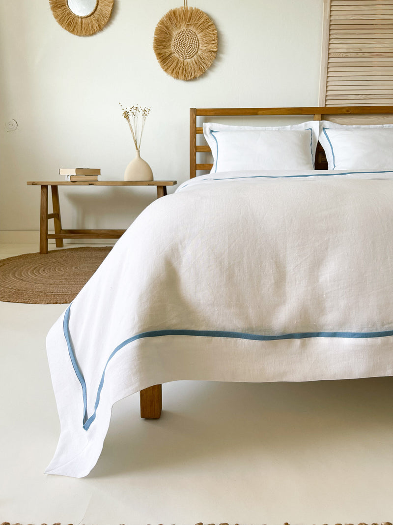 White Linen Duvet Cover set with Oxford Style Pillowcases and Light Blue Trim