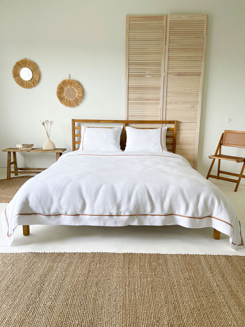 White Linen Duvet Cover set with Border and Tan Trim