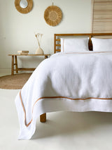 White Linen Quilt Cover set with Border and Tan Trim